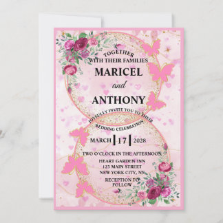Pink Butterflies Wedding Invitation Einladung
