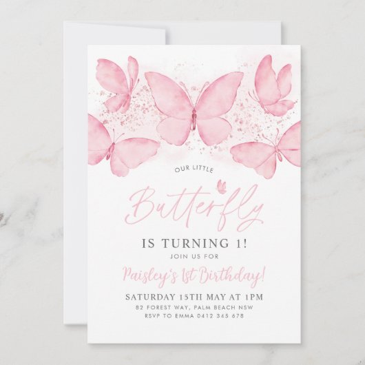 Pink Butterfly 1. Geburtstag Einladung Baby Girl (Vorderseite)