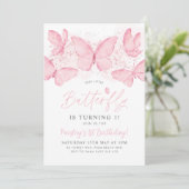Pink Butterfly 1. Geburtstag Einladung Baby Girl (Stehend Vorderseite)