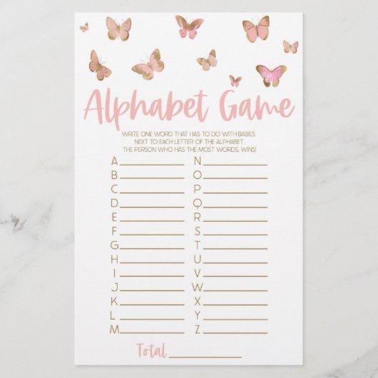 Pink Butterfly Alphabet Baby Showspiel Briefpapier (Vorderseite)