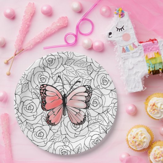 Pink Butterfly And Roses Paper Plates Pappteller (Party)