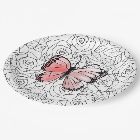 Pink Butterfly And Roses Paper Plates Pappteller (Schrägansicht)