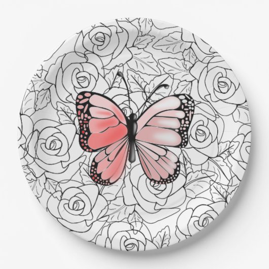 Pink Butterfly And Roses Paper Plates Pappteller (Vorderseite)