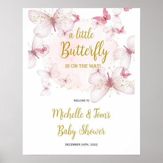 Pink Butterfly Baby Dusche Begrüßungszeichen Poster (Vorne)
