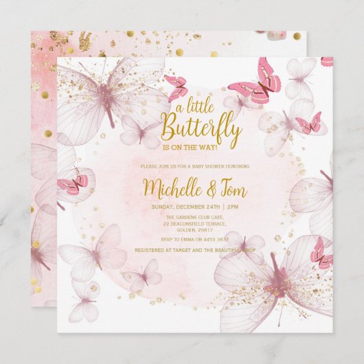 Pink Butterfly Baby Dusche Einladung (Vorne/Hinten)