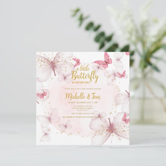 Pink Butterfly Baby Dusche Einladung (Stehend Vorderseite)