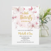 Pink Butterfly Baby Dusche Einladung (Stehend Vorderseite)