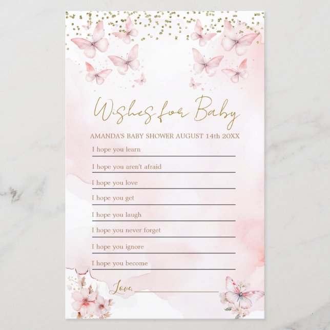 Pink Butterfly Baby Dusche Wünsche für Baby Game (Vorderseite)