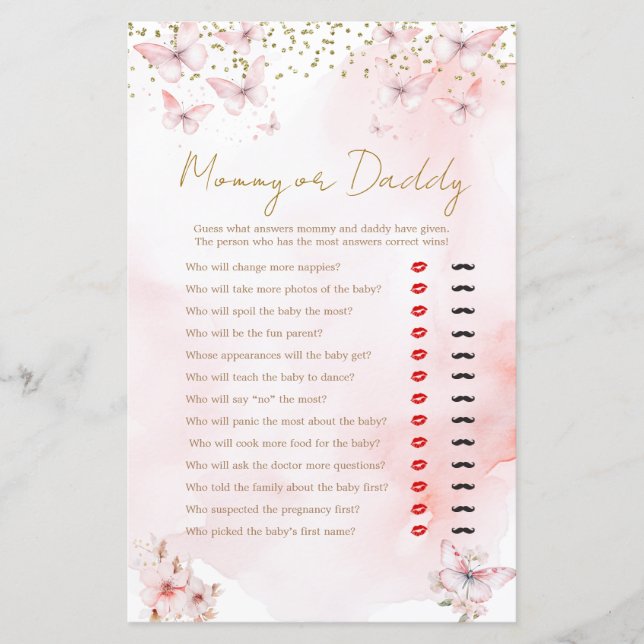 Pink Butterfly Baby Shower Mommy oder Daddy Game (Vorderseite)