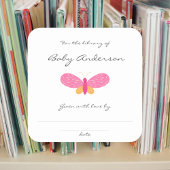 Pink Butterfly Babydusche Buchzeichen Quadratischer Aufkleber