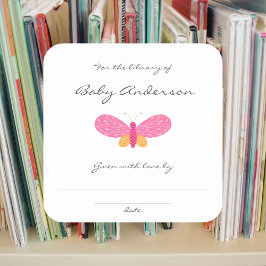 Pink Butterfly Babydusche Buchzeichen Quadratischer Aufkleber