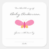 Pink Butterfly Babydusche Buchzeichen Quadratischer Aufkleber (Vorderseite)