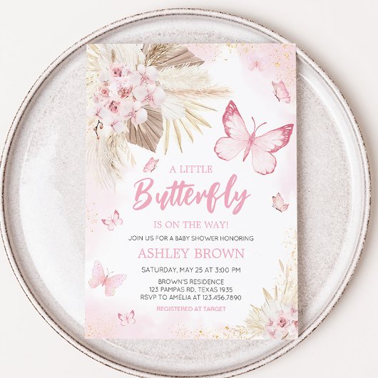 Pink Butterfly Babydusche Einladung