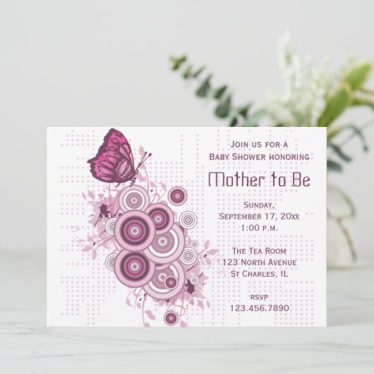 Pink Butterfly Babydusche Einladung (Stehend Vorderseite)