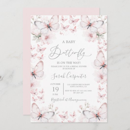 Pink Butterfly Babydusche Mädchen Einladung (Vorne/Hinten)