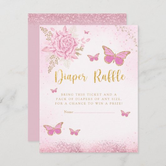 Pink Butterfly Babydusche Windeln Raffle Ticket Einladung (Vorne/Hinten)