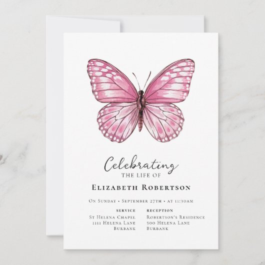Pink Butterfly Beerdigung Einladung (Vorderseite)