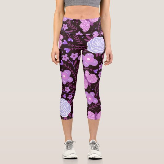 Pink Butterfly-Blume Capri Leggings (Vorderseite)