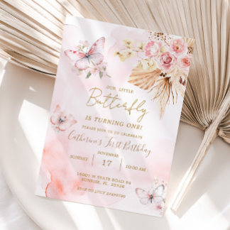 Pink Butterfly Boho Blume 1. Geburtstag Einladung