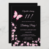 Pink Butterfly Cherry Blossom Black Einladung (Vorne/Hinten)