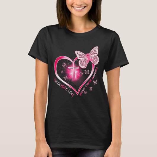 Pink Butterfly Cross Faith Hope Liebe Brustkrebs T-Shirt (Vorderseite)