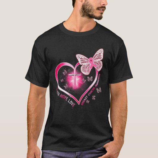 Pink Butterfly Cross Faith Hope Liebe Brustkrebs T-Shirt (Vorderseite)
