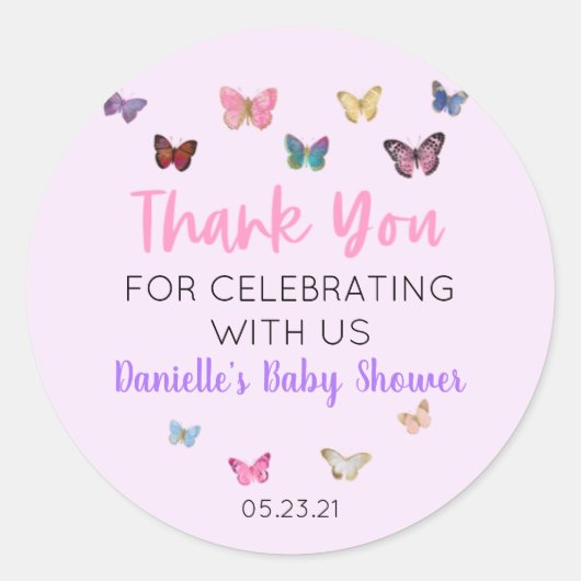 Pink Butterfly Danke Baby Dusche Gefallen Sticker (Vorderseite)