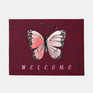 Pink Butterfly Doormat mit Rose Willkommen Fußmatte