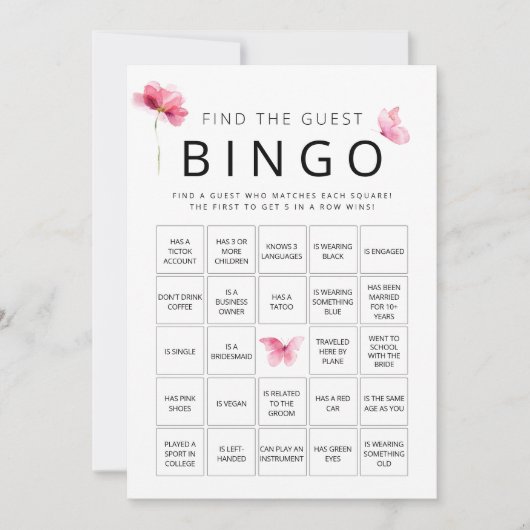 Pink Butterfly Finde die Gast Bingo Game Card Einladung (Vorderseite)