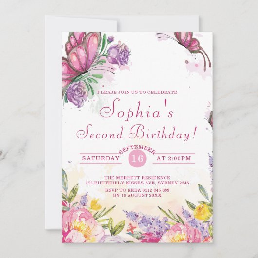 Pink Butterfly Flora Geburtstag Einladung (Vorderseite)