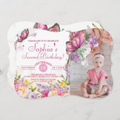 Pink Butterfly Flora Geburtstag Einladung (Vorne/Hinten)