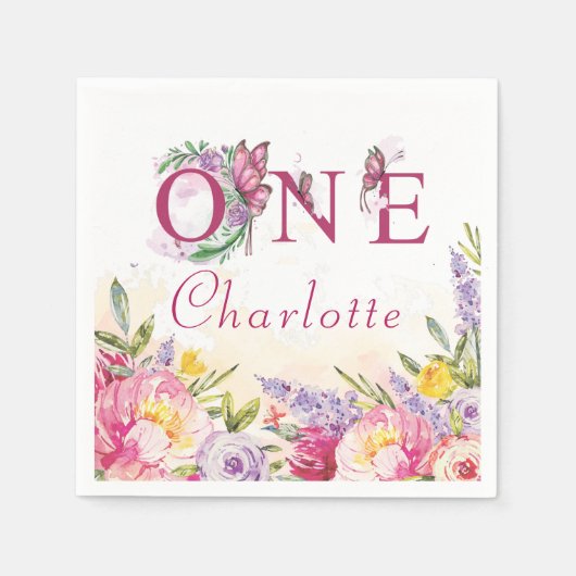 Pink Butterfly Flora Geburtstag Serviette (Vorderseite)