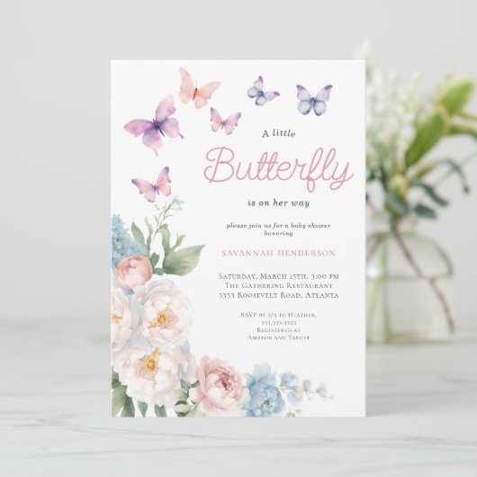 Pink Butterfly Floral Baby Dusche Einladung (Stehend Vorderseite)