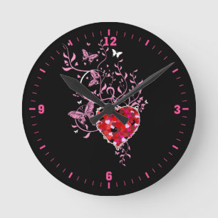 Pink Butterfly Floral Design Runde Wanduhr
