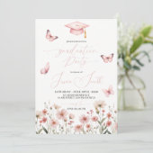 Pink Butterfly Floral Graduation Invitation Einladung (Stehend Vorderseite)