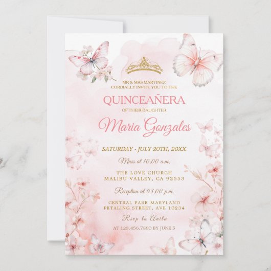 Pink Butterfly Floral Quinceañera Einladung (Vorderseite)