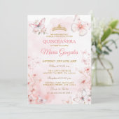 Pink Butterfly Floral Quinceañera Einladung (Stehend Vorderseite)