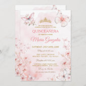 Pink Butterfly Floral Quinceañera Einladung (Vorne/Hinten)