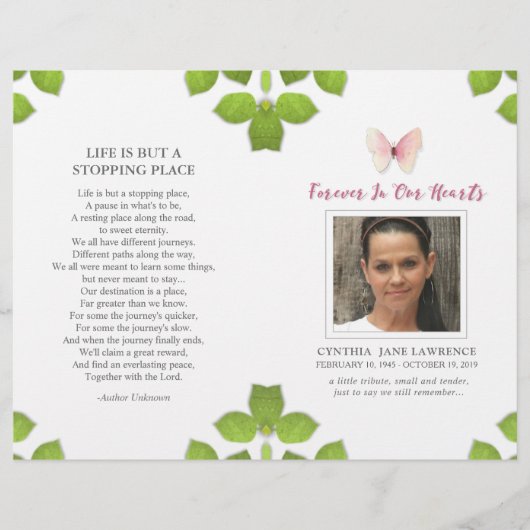 Pink Butterfly Foto Beerdigung-Gedenkprogramm (Vorderseite)