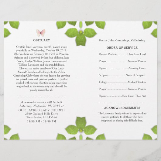 Pink Butterfly Foto Beerdigung-Gedenkprogramm (Rückseite)