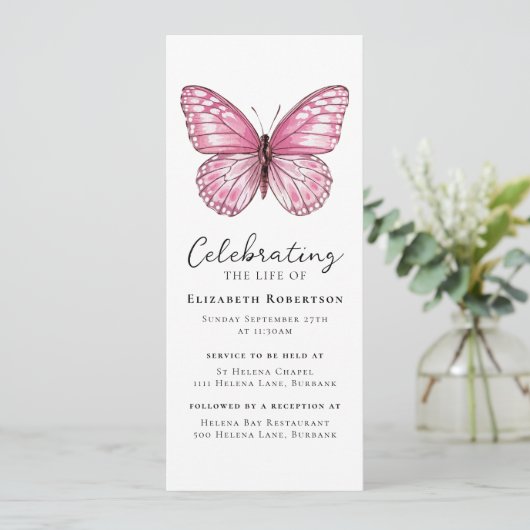 Pink Butterfly Funerly Digital Evite Einladung (Stehend Vorderseite)
