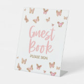 Pink Butterfly Gästebuch Bitte unterzeichnen Party Sockelschild (Vorderseite)