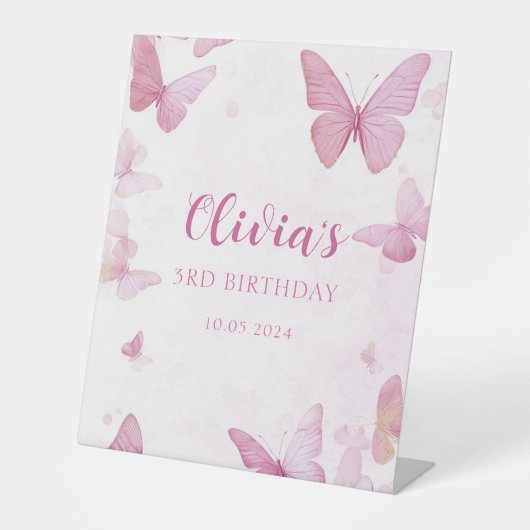 Pink Butterfly Geburtstagsparty Pedestzeichen Sockelschild (Vorderseite)