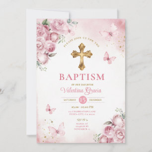 Pink Butterfly Girl Baptisse Gold Cross Blume Einladung