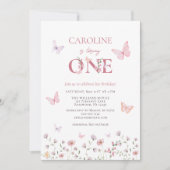 Pink Butterfly Girl zum ersten Geburtstag Einladung (Vorderseite)