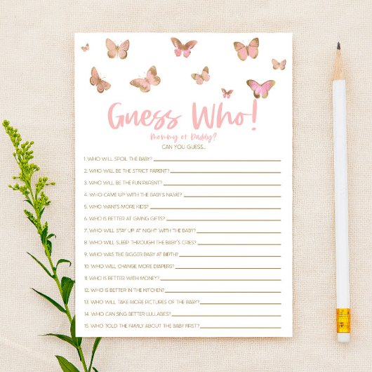 Pink Butterfly Guess Wer! Baby Shower Game Briefpapier
