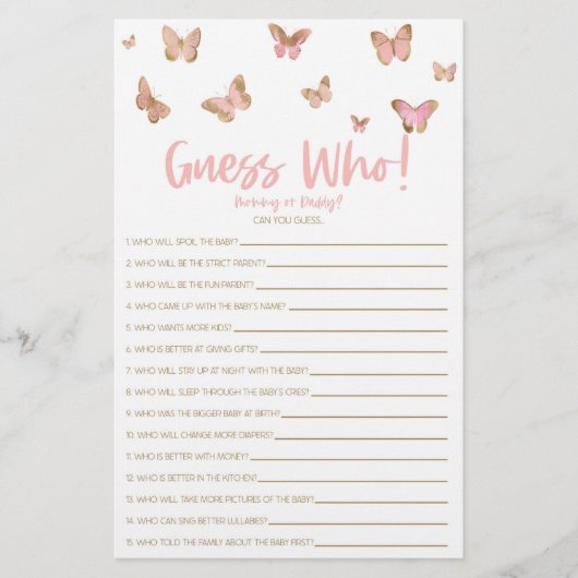 Pink Butterfly Guess Wer! Baby Shower Game Briefpapier (Vorderseite)