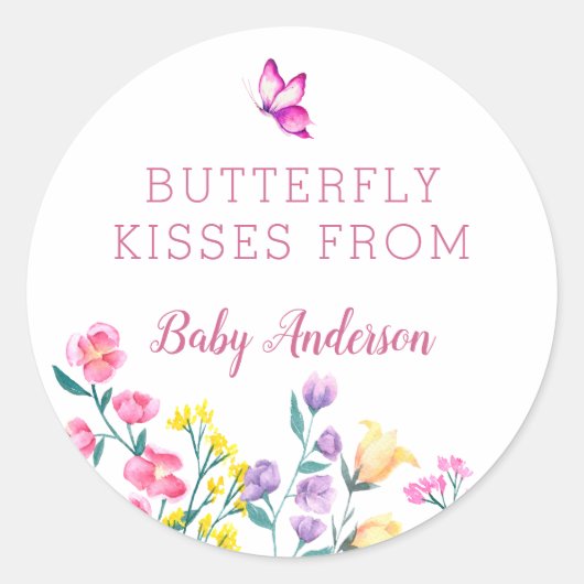 Pink Butterfly Kisses Spring Baby Dusche Gefallen Runder Aufkleber (Vorderseite)