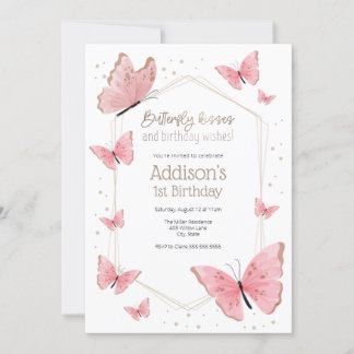 Pink Butterfly Kisses und Birthday wünscht Geburts Einladung