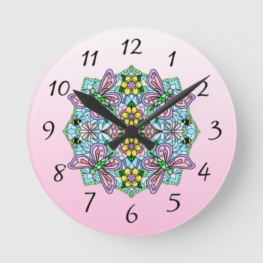 Pink Butterfly Mandala Whimsical Hand Drawing Runde Wanduhr (Vorderseite)